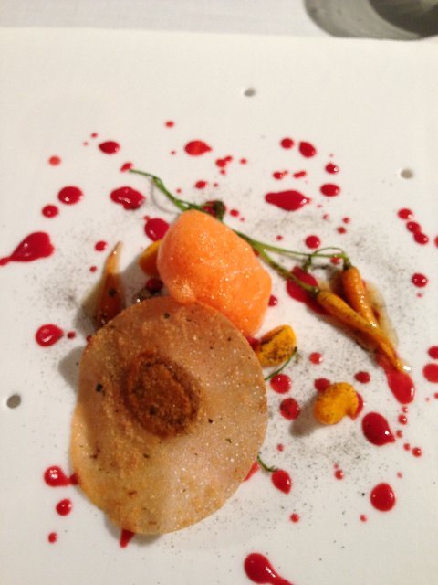 Short Rib Dimsum in Carrot Pastry, with Roasted Baby Carrots and Carrot Foam